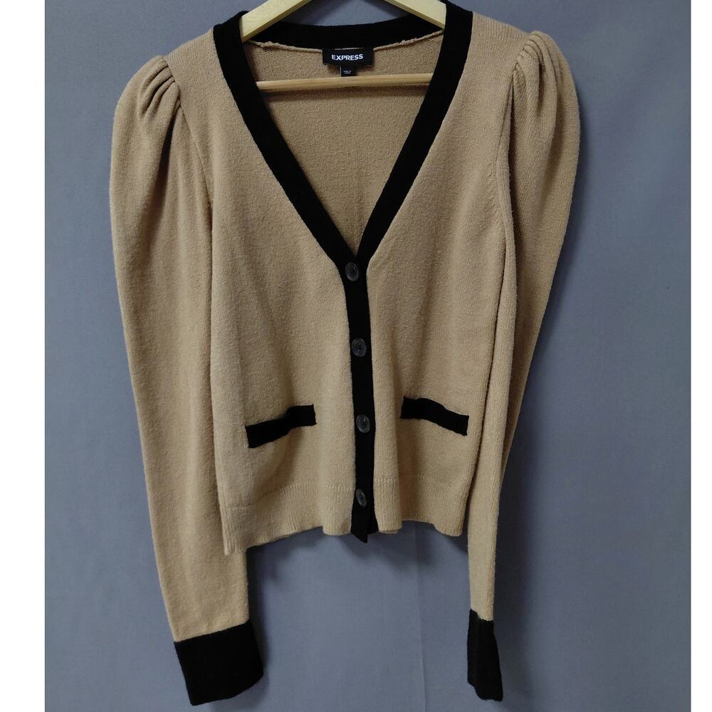 Express Tan Colorblock Knit Button Front Puff Sleeve Sweater Women Size S